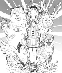 Rule 34 | 1girl, :d, bear, bird, bosako (haguhagu), bow, chicken, deer, dog, greyscale, haguhagu (rinjuu circus), hair bow, high ponytail, highres, hood, hoodie, horns, looking at viewer, monochrome, mouse (animal), open mouth, original, outstretched arms, rooster, scrunchie, shoes, sleeveless, sleeveless hoodie, smile, solo, spread arms, standing, thigh gap, wrist scrunchie