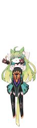 Rule 34 | 1girl, ahoge, animal ear fluff, animal ears, atalanta (fate), black thighhighs, cat ears, cat girl, cat tail, chibi, commentary request, fate/grand order, fate (series), flat chest, full body, green eyes, green hair, hair spread out, half-closed eyes, held up, highres, long hair, longcat (meme), mato tsuyoi, meme, narrowed eyes, negative space, open hands, orange footwear, outstretched arms, solo focus, tail, thighhighs, transparent background, v-shaped eyebrows