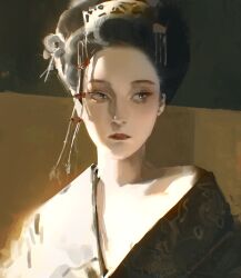 Rule 34 | 1girl, asian, black hair, czerwonya, grey eyes, hair ornament, highres, japanese clothes, kanzashi, looking to the side, original, photo-referenced, single off shoulder, sketch, solo