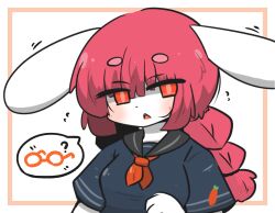 Rule 34 | 1girl, ?, animal ears, black sailor collar, black shirt, blush, braid, breasts, brown background, commentary request, flying sweatdrops, hair between eyes, highres, long hair, looking at viewer, low twintails, neckerchief, orange eyes, orange neckerchief, original, parted lips, rabbit ears, red hair, sailor collar, school uniform, serafuku, shirt, short eyebrows, short sleeves, small breasts, solo, spoken object, thick eyebrows, twin braids, twintails, two-tone background, uni souchou, upper body, white background