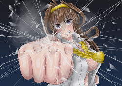 Rule 34 | 1girl, ahoge, blush, breasts, broken glass, brown hair, clenched hand, double bun, fourth wall, glass, hairband, incoming attack, incoming punch, kantai collection, kongou (kancolle), long hair, medium breasts, nov (oh1560519), punching, incoming punch, purple eyes, shaded face, solo