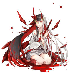 Rule 34 | 1girl, bare shoulders, barefoot, black hair, blood, blush, broken horn, crying, eyebrows, facial mark, fhalei, full body, hair ornament, heterochromia, holding, holding sword, holding weapon, horns, hug, japanese clothes, katana, kimono, long hair, long sleeves, multicolored hair, off shoulder, red eyes, red hair, seiza, shinken!!, simple background, sitting, sleeves past wrists, solo, streaming tears, sword, tears, torn clothes, torn kimono, tsurumaru kunie, two-tone hair, veins, very long hair, weapon, white background, white hair, wide sleeves, yellow eyes
