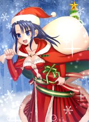 Rule 34 | 1girl, :d, alternate costume, alternate hairstyle, belt, blue eyes, blue hair, box, breasts, cape, christmas ornaments, christmas tree, cleavage, collarbone, commission, dress, fire emblem, fire emblem: new mystery of the emblem, fur trim, gift, gift box, hat, highres, holding, holding box, holding gift, holding sack, kris (female) (fire emblem), kris (fire emblem), long hair, medium breasts, nintendo, open mouth, pixiv commission, red cape, red dress, red hat, sack, santa costume, santa hat, shira yu ki, smile, snowflakes, solo