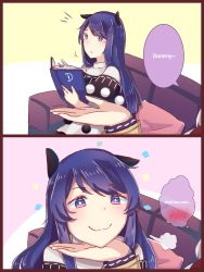 Rule 34 | 2girls, 2koma, :3, puff of air, animal ears, blue eyes, blue hair, blush, book, character name, closed mouth, comic, couch, doremy sweet, dress, english text, grabbing another&#039;s chin, hair between eyes, hand on another&#039;s chin, holding, kishin sagume, long hair, long sleeves, motion lines, multicolored background, multicolored eyes, multiple girls, no headwear, notice lines, open hand, outstretched hand, pillow, pink eyes, pom pom (clothes), saki kagami, shirt, short sleeves, sitting, smile, speech bubble, spoken blush, tapir ears, thought bubble, touhou, white shirt