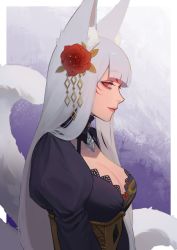 Rule 34 | 1girl, absurdres, animal ears, blunt bangs, breasts, bright pupils, cleavage, commentary, dbr (dbruuu9), english commentary, flower, fox ears, fox tail, from side, grey hair, hair flower, hair ornament, highres, leaf, long hair, medium breasts, multiple tails, nijisanji, nijisanji en, nina kosaka, nina kosaka (2nd costume), outside border, pillarboxed, pink lips, profile, purple background, red eyes, red flower, revision, smile, solo, tail, underbust, upper body, very long hair, virtual youtuber, white pupils
