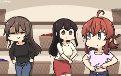 Rule 34 | 3girls, akagi (kancolle), alternate costume, arashi (kancolle), ashigara (kancolle), asymmetrical hair, black shirt, brown eyes, brown hair, closed eyes, closed mouth, denim, hair between eyes, hamu koutarou, highres, jeans, kantai collection, long hair, long sleeves, looking at another, messy hair, multiple girls, navel, one-hour drawing challenge, one side up, pants, red hair, red skirt, shaded face, shirt, short sleeves, skirt, smile, straight hair, white shirt