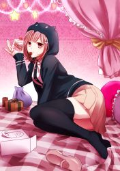 Rule 34 | 1girl, bed, bed sheet, black cardigan, black thighhighs, cake, canopy bed, cardigan, collared shirt, cream, cream on face, curtains, danganronpa (series), danganronpa 2: goodbye despair, dress shirt, food, food on face, full body, gift bag, grey skirt, highres, holding, holding cake, holding food, hood, hood up, hooded cardigan, looking at viewer, miniskirt, mouth hold, nanami chiaki, neck ribbon, on bed, open cardigan, open clothes, pink background, pink hair, pink ribbon, pleated skirt, red eyes, ribbon, shirt, short hair, sitting, sketti, skirt, solo, thighhighs, white shirt, wing collar, zettai ryouiki