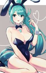 Rule 34 | 1girl, :d, animal ears, aqua hair, bare legs, bare shoulders, black bow, black bowtie, black footwear, black hairband, black leotard, bow, bowtie, breasts, cleavage, collar, collarbone, covered navel, detached collar, fake animal ears, foot out of frame, green eyes, grey background, groin, hairband, hand up, heart, high heels, highres, kyosuke1413koba, legs, leotard, looking at viewer, medium breasts, open mouth, playboy bunny, pneuma (xenoblade), ponytail, rabbit ears, shoes, signature, sitting, smile, solo, swept bangs, two-tone background, wariza, white background, white collar, wrist cuffs, xenoblade chronicles (series), xenoblade chronicles 2