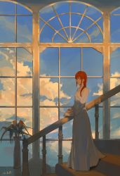 Rule 34 | 1girl, absurdres, braid, braided ponytail, breasts, chainsaw man, choker, dress, highres, indoors, long dress, long hair, long sleeves, looking at viewer, makima (chainsaw man), null (skev7724), red hair, ringed eyes, smile, solo, stairs, white choker, white dress, wide sleeves, window, yellow eyes
