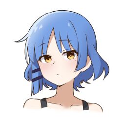 Rule 34 | 1girl, amogan, bare shoulders, blue hair, bocchi the rock!, closed mouth, collarbone, commentary request, cropped shoulders, hair ornament, hairclip, korean commentary, light blush, light frown, looking at viewer, mole, mole under eye, short hair, simple background, solo, white background, yamada ryo, yellow eyes