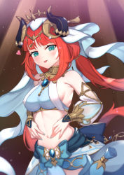 Rule 34 | 1girl, :p, aqua eyes, bare shoulders, breasts, brooch, circlet, clothing cutout, crop top, detached sleeves, floating hair, forehead jewel, genshin impact, gold trim, hands on own stomach, harem outfit, heart, highres, horns, jewelry, long hair, long sleeves, looking at viewer, low twintails, medium breasts, navel, neck ring, nilou (genshin impact), parted bangs, puffy long sleeves, puffy sleeves, red hair, sideboob, sidelocks, skirt, solo, stomach, tongue, tongue out, twintails, uneg, vambraces, veil, vision (genshin impact)