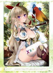 Rule 34 | 1girl, absurdres, artist name, bird, black sclera, blonde hair, blush, body blush, boots, bow, breasts, brown footwear, clothing cutout, cloud, colored sclera, creature, dengeki moeou, elf, framed image, gauntlets, gold trim, hair between eyes, hair bow, highres, knee boots, large breasts, looking at viewer, magazine scan, navel cutout, original, page number, panties, pasties, pointy ears, purple eyes, red bow, scan, side-tie panties, sitting, smile, thighhighs, translation request, tree, underwear, white panties, white thighhighs, yaman