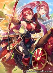 Rule 34 | 1girl, armpits, arrow (projectile), bow (weapon), breasts, brown gloves, cleavage, closed mouth, company name, copyright name, dual persona, fire emblem, fire emblem awakening, fire emblem cipher, fire emblem fates, gloves, hair ribbon, holding, holding bow (weapon), holding weapon, horse, horseback riding, large breasts, long hair, matsurika youko, nintendo, official art, open mouth, red eyes, red hair, ribbon, riding, selena (fire emblem fates), severa (fire emblem), smile, sword, twintails, weapon
