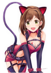 Rule 34 | 1girl, :d, animal ears, bare shoulders, belt, black gloves, blush, braid, breast tattoo, breasts, brown hair, cat ears, cat tail, cleavage, collarbone, ear piercing, elbow gloves, fang, gloves, gluteal fold, green eyes, idolmaster, idolmaster cinderella girls, looking at viewer, maekawa miku, medium breasts, nannacy7, open mouth, paw print, piercing, short hair, simple background, single braid, smile, solo, tail, tattoo, thighhighs, white background
