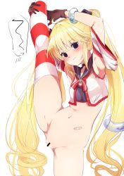 Rule 34 | 1girl, @ @, andrea doria (warship girls r), bandaid on stomach, bar censor, black choker, blonde hair, blue eyes, bottomless, breasts, brown gloves, censored, choker, detached sleeves, flexible, gloves, highres, leg lift, leg up, long hair, navel, small breasts, solo, split, standing, standing on one leg, standing split, striped clothes, striped thighhighs, suwakana, thighhighs, twintails, very long hair, warship girls r