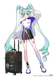 Rule 34 | 1girl, alternate costume, arm up, asymmetrical legwear, black skirt, black thighhighs, blouse, blush, breasts, closed mouth, commentary request, copyright notice, crop top, facial mark, full body, green eyes, green hair, hatsune miku, highres, jacket, long hair, long sleeves, medium breasts, midriff peek, mismatched legwear, number tattoo, official art, open clothes, open jacket, pleated skirt, puffy long sleeves, puffy sleeves, rolling suitcase, see-through, see-through skirt, shirt, shoes, simple background, single sock, single thighhigh, skirt, smile, socks, solo, standing, suitcase, tattoo, thighhighs, twintails, uneven legwear, very long hair, vocaloid, watermark, white background, white footwear, white jacket, white shirt, white socks, yuu (higashi no penguin)