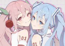 Rule 34 | 2girls, absurdres, bare shoulders, blue eyes, blue hair, cheek-to-cheek, cherry hair ornament, closed mouth, cloudyman, collared shirt, commentary request, detached sleeves, dual persona, food-themed hair ornament, hair ornament, hatsune miku, heads together, highres, light blue hair, long hair, looking at viewer, looking back, multiple girls, number tattoo, paper texture, pink eyes, pink hair, pink sleeves, portrait, sakura miku, shirt, shoulder tattoo, sidelocks, sleeveless, sleeveless shirt, smile, tattoo, twintails, upper body, vocaloid, white shirt, yuki miku, yuki miku (2011)
