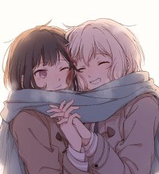Rule 34 | 2girls, :d, aoba moca, bang dream!, blonde hair, blue scarf, breath, brown coat, brown hair, cheek-to-cheek, coat, commentary, english commentary, closed eyes, grin, heads together, interlocked fingers, kalsept, medium hair, mitake ran, multicolored hair, multiple girls, nuzzle, one eye closed, open mouth, red eyes, red hair, scarf, shared clothes, shared scarf, smile, yuri