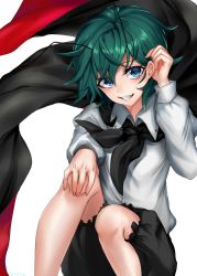 Rule 34 | 1girl, absurdres, antennae, bad id, bad twitter id, bifrst, black cape, black shorts, blue eyes, blush, cape, earrings, green hair, grin, tucking hair, highres, jewelry, long sleeves, looking at viewer, puffy long sleeves, puffy sleeves, shirt, short hair, shorts, sitting, smile, solo, touhou, white background, white shirt, wriggle nightbug