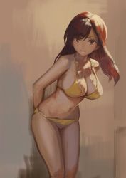 Rule 34 | 1girl, against wall, arms behind back, aro (charged time out), bikini, breasts, brown eyes, brown hair, cleavage, female focus, gradient background, large breasts, leaning forward, long hair, looking at viewer, navel, original, smile, solo, standing, strap gap, string bikini, swept bangs, swimsuit, yellow bikini
