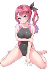Rule 34 | 1girl, absurdres, barefoot, black one-piece swimsuit, blue eyes, breasts, commentary request, commission, competition swimsuit, full body, gradient hair, hair ribbon, highres, idios, kuramochi meruto, lane line, looking at viewer, medium breasts, multicolored clothes, multicolored hair, multicolored swimsuit, ncontrail (mgax7527), nijisanji, one-piece swimsuit, pink hair, purple hair, ribbon, side ponytail, simple background, sitting, skeb commission, solo, swimsuit, virtual youtuber, wariza, white background
