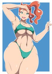 Rule 34 | 1girl, breasts, creatures (company), female focus, game freak, green eyes, heart, highres, medium breasts, nintendo, open mouth, orange hair, oryutoo, pokemon, pokemon swsh, short hair, solo, sonia (pokemon), thick thighs, thighs, underboob, wide hips
