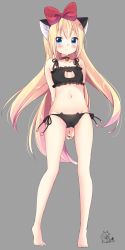 Rule 34 | 1girl, animal ears, arms behind back, artist name, barefoot, bell, blonde hair, blue eyes, blush, bow, breasts, cat cutout, cat ear panties, cat ears, cat lingerie, choker, cleavage, cleavage cutout, clothing cutout, dokidoki! precure, full body, grey background, hair bow, own hands clasped, highres, jingle bell, kemonomimi mode, kuune rin, long hair, meme attire, navel, own hands together, panties, precure, regina (dokidoki! precure), side-tie panties, signature, simple background, small breasts, solo, standing, thigh gap, underwear, underwear only, very long hair