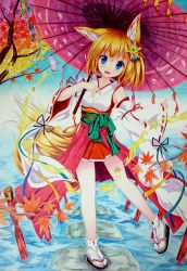 Rule 34 | 1girl, animal ears, blonde hair, blue eyes, detached sleeves, fox ears, fox tail, hair ornament, highres, japanese clothes, kitsune, kittona, leaf, looking at viewer, maple leaf, maple tree, obi, oil-paper umbrella, open mouth, original, red skirt, ribbon, ribbon-trimmed sleeves, ribbon trim, sandals, sash, short hair, skirt, solo, tabi, tail, traditional media, tree, umbrella, water, watercolor pencil (medium), wide sleeves