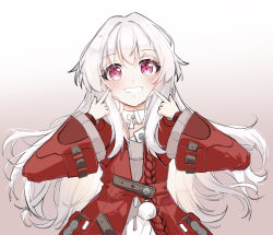 Rule 34 | 1girl, absurdres, blush, clara (honkai: star rail), coat, coffee ole, collar, grey sweater, hair between eyes, highres, honkai: star rail, honkai (series), long bangs, long hair, looking at viewer, open mouth, pointing, pointing at self, red coat, red eyes, simple background, smile, solo, sweater, teeth, upper body, very long hair, white collar, white hair