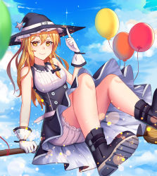 Rule 34 | 1girl, adjusting clothes, adjusting headwear, ankle boots, arm at side, bad id, bad pixiv id, balloon, bare arms, bare shoulders, black bow, black hat, black skirt, blonde hair, bloomers, blue sky, blush, boots, bow, braid, breasts, broom, broom surfing, buckle, buttons, closed mouth, cloud, day, double-breasted, du mogu, frills, gloves, hair bow, hat, high-waist skirt, index finger raised, kirisame marisa, legs up, light particles, long hair, looking at viewer, medium breasts, no socks, outdoors, sitting, skirt, sky, sleeveless, smile, solo, star (symbol), touhou, underwear, upskirt, white gloves, witch hat, yellow eyes