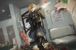 Rule 34 | 1girl, aiming, ar-15, bench, black pantyhose, black shirt, black skirt, blonde hair, blood, bloodshot eyes, blue eyes, blurry, blurry background, blurry foreground, brenton tarrant, cable, camera, camouflage, car, clothes writing, cover, cross, depth of field, door, dutch angle, feet out of frame, finger on trigger, fingerless gloves, firing, flag, flak jacket, food, gloves, green gloves, gun, half-closed eyes, headband, highres, holding, holding gun, holding weapon, indoors, jacket, kebab, knee pads, lolipantherwww, long sleeves, magazine (weapon), meat, meme, miniskirt, motor vehicle, muzzle flash, one eye closed, pantyhose, paper, parody, petticoat, pleated skirt, pouch, real life, rifle, scope, shell casing, shirt, skirt, smoke, solo, solo focus, standing, thigh pouch, thigh strap, video camera, weapon
