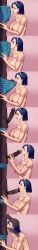 Rule 34 | 1boy, 1girl, absurdres, blue hair, breasts, censored, fellatio, highres, jin yi dui, licking, lipstick, makeup, oral, penis, precum, pubic hair, red eyes, red lips, shorts