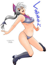 Rule 34 | 1girl, bikini, boots, bow, breasts, capcom, full body, hair bow, kneeling, large breasts, monster hunter (series), navel, one eye closed, original, personification, ponytail, ryouzou, silver hair, simple background, solo, swimsuit, underboob, wink, yian garuga