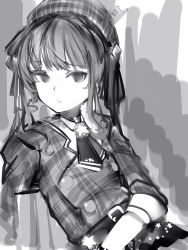 Rule 34 | 1girl, bad id, bad twitter id, belt, buttons, checkered clothes, checkered jacket, double-breasted, empty eyes, greyscale, hair ribbon, hat, highres, hololive, hoshimachi suisei, hoshimachi suisei (1st costume), jacket, looking at viewer, medium hair, monochrome, nanashi (nlo), necktie, parted lips, ribbon, short necktie, solo, twintails, upper body, virtual youtuber