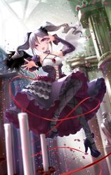 Rule 34 | 10s, 1girl, absurdres, angel wings, asymmetrical wings, black pantyhose, breasts, cleavage, detached sleeves, dress, drill hair, gothic lolita, high heels, highres, idolmaster, idolmaster cinderella girls, kachayori, kanzaki ranko, lolita fashion, long hair, open mouth, pantyhose, petals, red eyes, ribbon, silver hair, solo, twin drills, twintails, wings