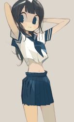 Rule 34 | 1girl, amiami, arms up, black hair, blue eyes, blush, female focus, looking at viewer, midriff, navel, pleated skirt, school uniform, skirt, solo