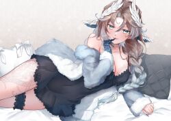 Rule 34 | 1girl, babydoll, bed sheet, black babydoll, blue eyes, blue hair, breast tattoo, brown hair, character request, coat, commission, copyright request, finger to mouth, fur-trimmed coat, fur trim, gloves, head wings, hina-a-meko, leg tattoo, looking at viewer, lying, mature female, multicolored hair, on bed, on side, pillow, single glove, skeb commission, tattoo, wing ears, wings