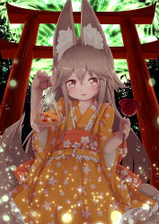 Rule 34 | 1girl, :3, animal ears, bag, blush, candy apple, child, fireworks, fish, floral print, food, fox ears, fox tail, frilled skirt, frills, goldfish, highres, holding, japanese clothes, kimono, light brown hair, light particles, long sleeves, looking at viewer, multiple tails, night, noa (nagareboshi), obi, original, outdoors, parted lips, plastic bag, red eyes, sash, skirt, slit pupils, solo, tail, torii, yukata