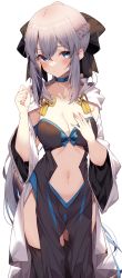 Rule 34 | 1girl, absurdres, armpit crease, black dress, black thighhighs, blue choker, blue eyes, bow, braid, breasts, center opening, choker, cleavage, cowboy shot, dress, expressionless, fate/grand order, fate (series), grey hair, hair bow, hand on own chest, hand up, highres, hood, hood down, jun (aousa0328), long hair, long sleeves, looking at viewer, medium breasts, morgan le fay (fate), navel, pelvic curtain, ponytail, revealing clothes, simple background, solo, standing, stomach, thighhighs, thighs, white background, wide sleeves