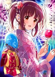 Rule 34 | 1girl, aerial fireworks, animal print, blush, bracelet, breasts, brown eyes, brown hair, candy apple, fireworks, floral print, flower, food, from side, hair flower, hair ornament, hand fan, hands up, happy birthday, highres, holding, holding food, idolmaster, idolmaster cinderella girls, idolmaster cinderella girls starlight stage, japanese clothes, jewelry, kimono, long hair, long sleeves, looking at viewer, obi, ogata chieri, open mouth, paper fan, pink kimono, potesara888, print kimono, rabbit print, red flower, sash, sidelocks, small breasts, smile, solo, twintails, uchiwa, upper body, wide sleeves, zoom layer