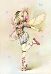 Rule 34 | 1girl, animal ears, bug, butterfly, fluttershy, full body, highres, bug, inuki (aruurara), long hair, my little pony, my little pony: friendship is magic, personification, pink hair, pleated skirt, sandals, skirt, solo, sweater, wings