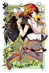 Rule 34 | 1girl, bird wings, black ribbon, black skirt, black thighhighs, black wings, border, breasts, brown hair, camera, collared shirt, commentary request, full body, geta, hat, hauchiwa, highres, holding, holding camera, jonasan (bad-t), leaf print, looking at viewer, medium breasts, medium hair, pom pom (clothes), puffy short sleeves, puffy sleeves, red eyes, ribbon, shameimaru aya, shirt, short sleeves, skirt, solo, tengu-geta, thighhighs, tokin hat, touhou, white border, white shirt, wings, wrist cuffs