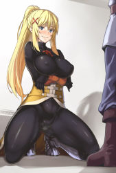 Rule 34 | 10s, 1girl, akinaie, armor, belt, blonde hair, blue eyes, blush, bodysuit, boots, braid, breast hold, breasts, breath, cameltoe, closed mouth, colored eyelashes, covered erect nipples, crossed arms, darkness (konosuba), embarrassed, french braid, gloves, greaves, hair ornament, hairclip, high ponytail, impossible bodysuit, impossible clothes, knee boots, kneeling, kono subarashii sekai ni shukufuku wo!, large breasts, legs apart, light smile, long hair, looking at viewer, no bra, pants, ponytail, ribbon, showgirl skirt, sidelocks, skin tight, skirt, smile, solo focus, standing, thighs, turtleneck, wavy mouth, x hair ornament