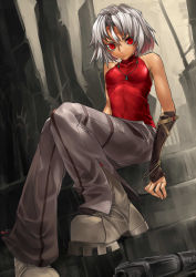 Rule 34 | 428, bare shoulders, boots, canaan (character), canaan (series), chunsoft, gun, handgun, highres, jewelry, lamian (pixiv415608), necklace, red eyes, short hair, silver hair, sitting, sleeveless, sleeveless turtleneck, solo, turtleneck, weapon