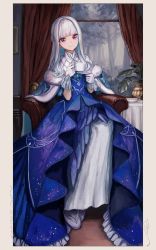Rule 34 | 1girl, absurdres, beige border, blue dress, blue hair, braid, colored inner hair, crown braid, cup, curtains, dress, forest, gloves, head tilt, highres, holding, holding cup, lize helesta, lize helesta (3rd costume), looking at viewer, million mandala, multicolored hair, nature, nijisanji, plant, purple eyes, sandals, silver hair, smile, solo, teacup, virtual youtuber, white gloves, window