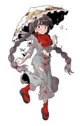 Rule 34 | 1girl, ajirogasa, alphes (style), black hair, braid, buttons, capelet, clothes writing, dairi, damaged, dress, eyebrows, frilled capelet, frilled hat, frills, full body, grey dress, hair tie, hat, knees together feet apart, long hair, long sleeves, navel, open mouth, parody, red capelet, red eyes, red ribbon, red socks, ribbon, snow, socks, solo, style parody, tabi, tareme, torn clothes, torn dress, torn sleeves, touhou, transparent background, twin braids, yatadera narumi