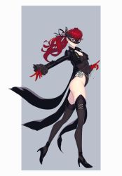 Rule 34 | 1girl, black footwear, black jacket, black leotard, black thighhighs, bow, breasts, chain, gloves, high heels, jacket, leotard, long hair, mask, matching hair/eyes, paperimp, persona, persona 5, persona 5 the royal, ponytail, red eyes, red gloves, red hair, simple background, solo, sword, thighhighs, weapon, yoshizawa kasumi