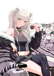 Rule 34 | 1girl, absurdres, animal ear fluff, animal ears, asymmetrical legwear, bad id, bad pixiv id, black jacket, black nails, black pantyhose, black skirt, breasts, choker, cleavage, closed mouth, crop top, cup, earrings, fur-trimmed jacket, fur trim, gold, grey eyes, highres, holding, holding cup, hololive, jacket, jewelry, jiang ye kiri, large breasts, lion ears, lion girl, long hair, looking at viewer, midriff, miniskirt, nail polish, navel, neck ring, off shoulder, pantyhose, see-through, see-through cleavage, shishiro botan, shishiro botan (1st costume), sitting, skirt, smile, solo, thighs, tiger, torn clothes, torn pantyhose, two side up, virtual youtuber, white hair, white tiger