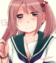 Rule 34 | ..., 1girl, blue neckerchief, blue sailor collar, bra, commentary request, dated, hair bobbles, hair half undone, hair ornament, holding, holding hair, izumiyamisono, jewelry, kantai collection, looking at viewer, medium hair, neckerchief, necklace, open clothes, open mouth, pink eyes, pink hair, sailor collar, sazanami (kancolle), school uniform, serafuku, simple background, solo, spoken ellipsis, twintails, twitter username, underwear, upper body, white background