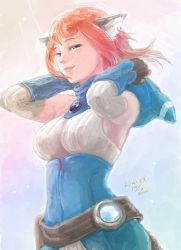 Rule 34 | 1girl, animal ears, animal hood, bare shoulders, blue eyes, breasts, breath of fire, breath of fire v, capcom, cat ears, cat hood, commentary request, gloves, hood, lin (breath of fire), looking at viewer, medium breasts, red hair, short hair, simple background, solo, tail, toko (tokkotoritori)